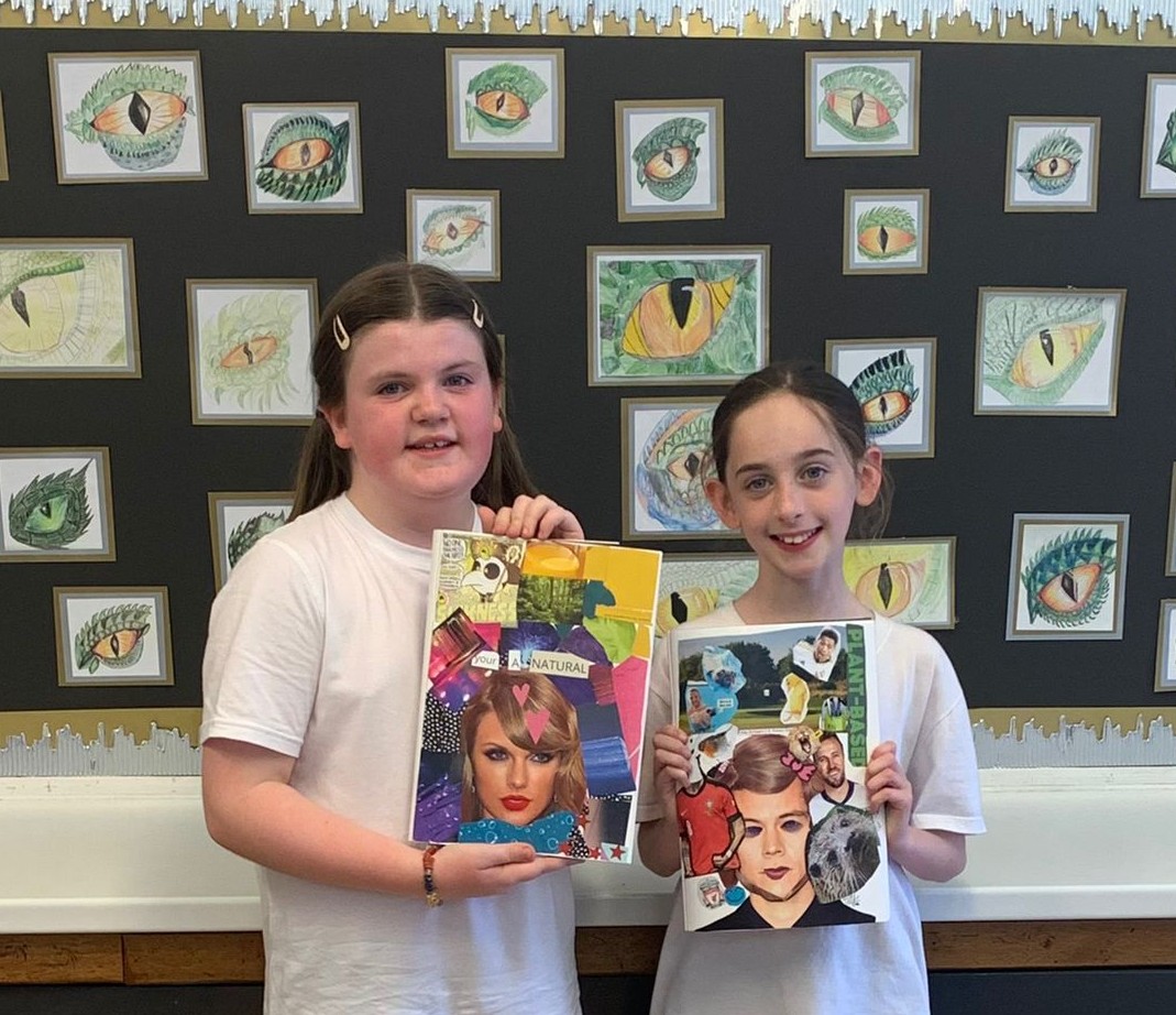 Year6TSP's tweet image. Wow! This week, we learned what a photomontage is and had a great time showing off our creativity. We selected appropriate images to cut out and combine to create a new picture with a clear theme. (Check out our sketches of lizard eyes on display too! 🦎) #TSPArt