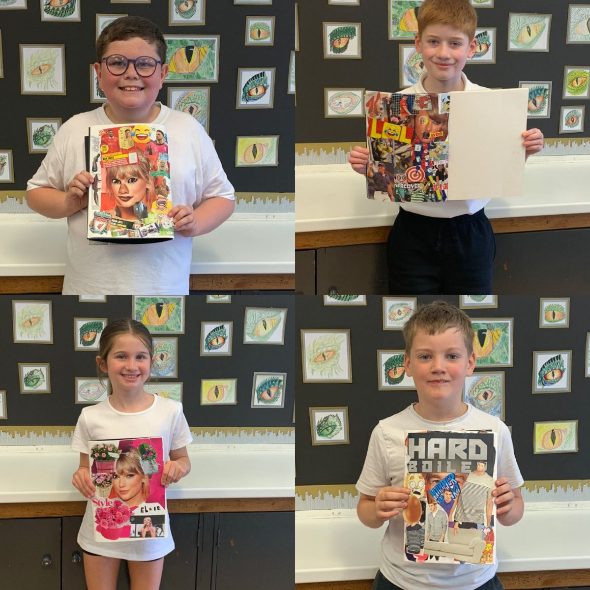 Year6TSP's tweet image. Wow! This week, we learned what a photomontage is and had a great time showing off our creativity. We selected appropriate images to cut out and combine to create a new picture with a clear theme. (Check out our sketches of lizard eyes on display too! 🦎) #TSPArt