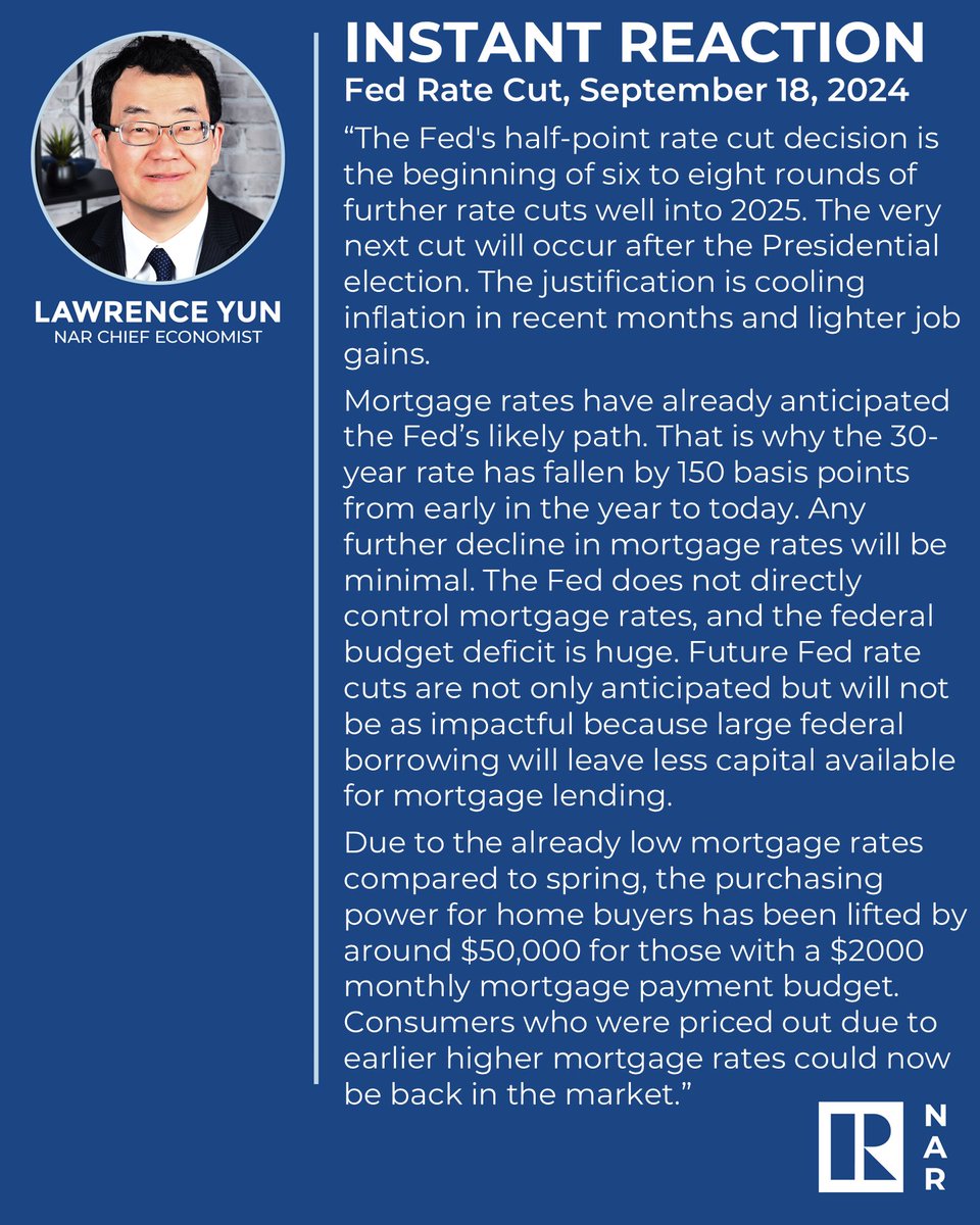 nardotrealtor's tweet photo. NAR Chief Economist Lawrence Yun reacts to the Fed's half-point rate cut decision. https://t.co/yV8GnqC1q8