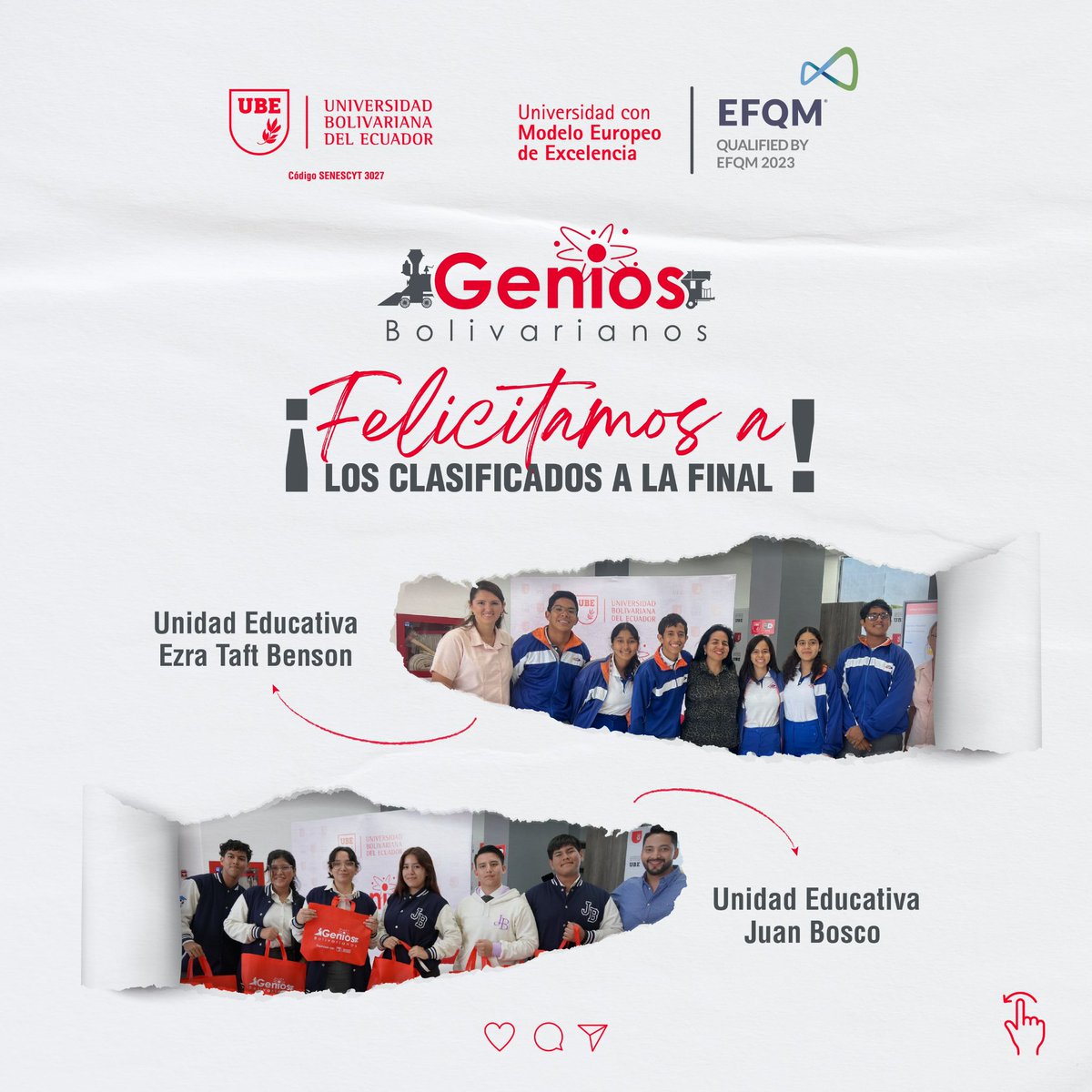 UbeEcuador's tweet photo. 🎉 ¡Felicitamos a los clasificados a la gran final de Genios Bolivarianos Durán 2024! 🚀

👏 Un fuerte aplauso para:

👉 Unidad Educativa Ezra Taft Benson
👉 Unidad Educativa Juan Bosco

Ambos equipos han demostrado un increíble desempeño en cada etapa del concurso. ¡Estamos a solo un paso de conocer al gran ganador! 🌟

¡Mucha suerte en la final! 🎓🔝 

#GeniosBolivarianos #Durán2024 #UBE