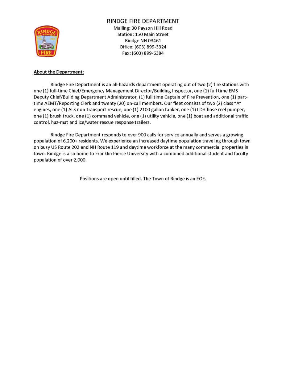 Firemutualaid's tweet photo. Rindge Fire &amp; Rescue is hiring. https://t.co/E5yhDgRi39