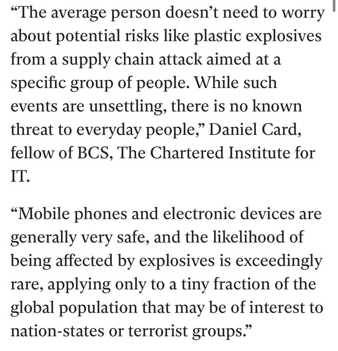 Great to have <a href="/bcs/">BCS, The Chartered Institute for IT</a> fellow <a href="/UK_Daniel_Card/">mRr3b00t</a>’s insights in <a href="/_andrew_griffin/">Andrew Griffin</a>’s piece about pager safety in the <a href="/Independent/">The Independent</a> today. Read here: independent.co.uk/tech/pager-att…