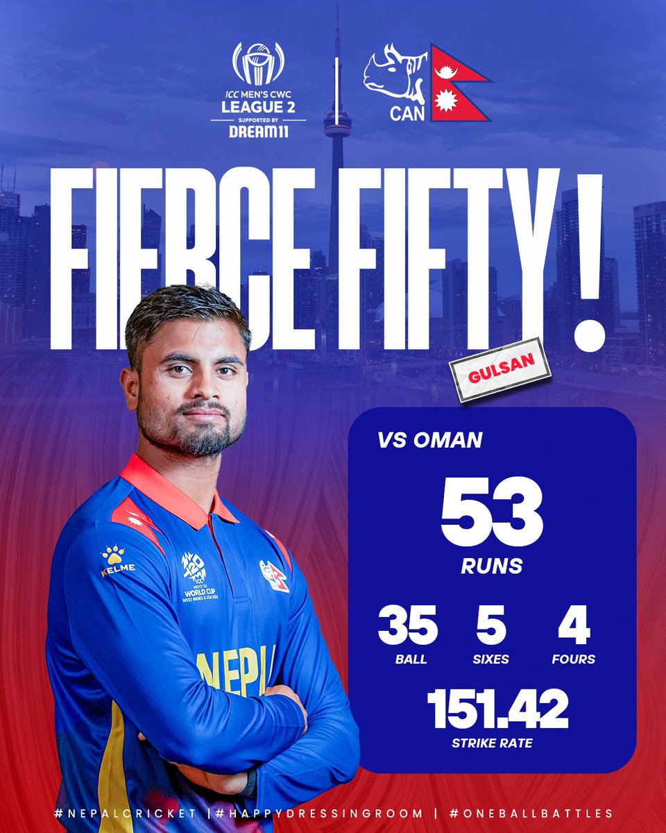 CricketNep's tweet photo. 🔥 Gulsan Jha departs after a fierce knock! 🚨

🇳🇵: 194/7 (46.5 overs) 

#RhinoFans Drop Your Predictions to what the final score might look like 👇

#CWCL2 | #NepalCricket | #OneBallBattles https://t.co/OXup2yE5u3