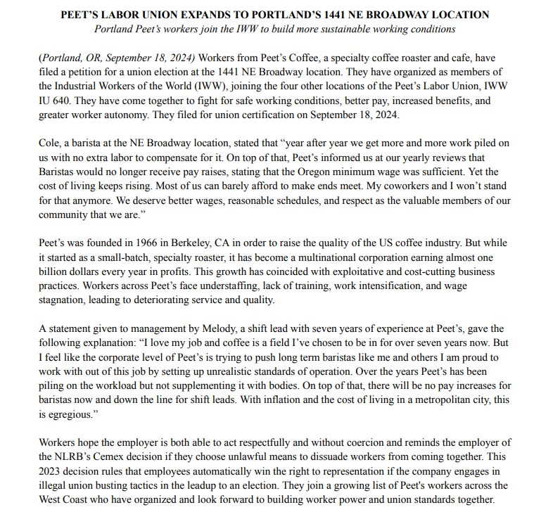INBOX: Workers at <a href="/peetscoffee/">Peet's Coffee</a> on NE Broadway in Portland announced their intention to unionize with the <a href="/PortlandIWW/">Portland IWW</a>, joining 4 locations in the East Bay that unionized with <a href="/peetslaborunion/">Peet’s Labor Union</a> / <a href="/sfbayareaiww/">IWW SF Bay Area</a> last year.