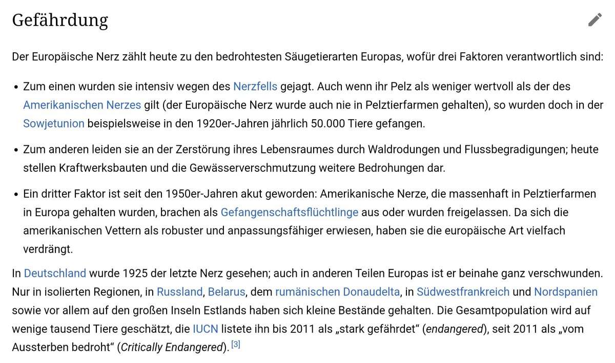 Beat Kryenbühl (@bkryen) on Twitter photo <a href="/jungegruene_ch/">Junge Grüne Schweiz</a> 🤡
Auf zwei der drei Gründe, die zur Gefährdung (nicht Aussterbens) des europäischen Nerzes - hierzulande bereits 1897 (!) und in Deutschland 1925 zum letzten Mal gesichtet - geführt haben, hätte die #Biodiversitätsinitiative, übrigens genau keinen Einfluss. <a href="/jungegruene_ch/">Junge Grüne Schweiz</a> 🤡
Auf zwei der drei Gründe, die zur Gefährdung (nicht Aussterbens) des europäischen Nerzes - hierzulande bereits 1897 (!) und in Deutschland 1925 zum letzten Mal gesichtet - geführt haben, hätte die #Biodiversitätsinitiative, übrigens genau keinen Einfluss.