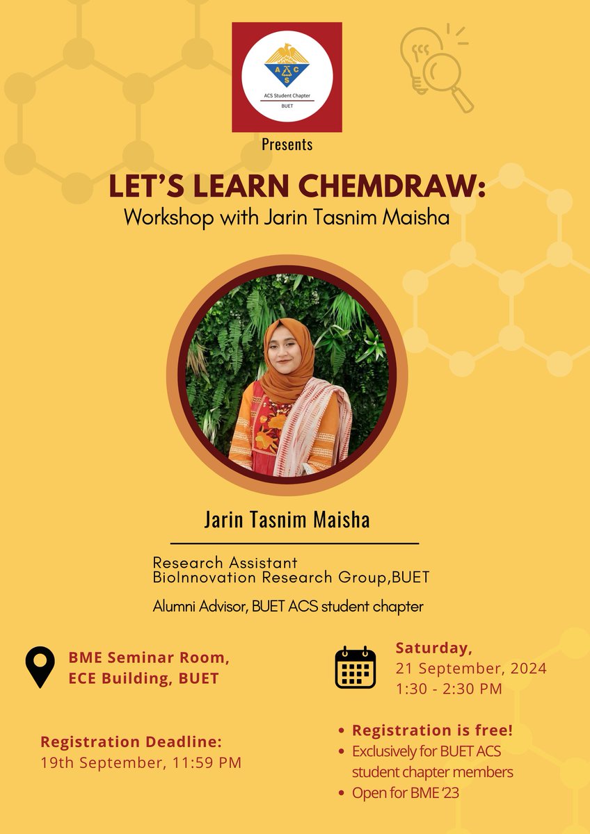 BuetAcs's tweet photo. Are you ready to master ChemDraw? ๐งช
Join us for an exclusive hands-on workshop led by Jarin Tasnim Maisha, RA, BioInnovation Research Group, BUET, and Alumni Advisor of the BUET ACS Student Chapter.
Registration link: https://t.co/NMtTLUMiSZ
#BUETACS
#BUETBME
#ACS
#acsstudent https://t.co/vcC4MVNXIp