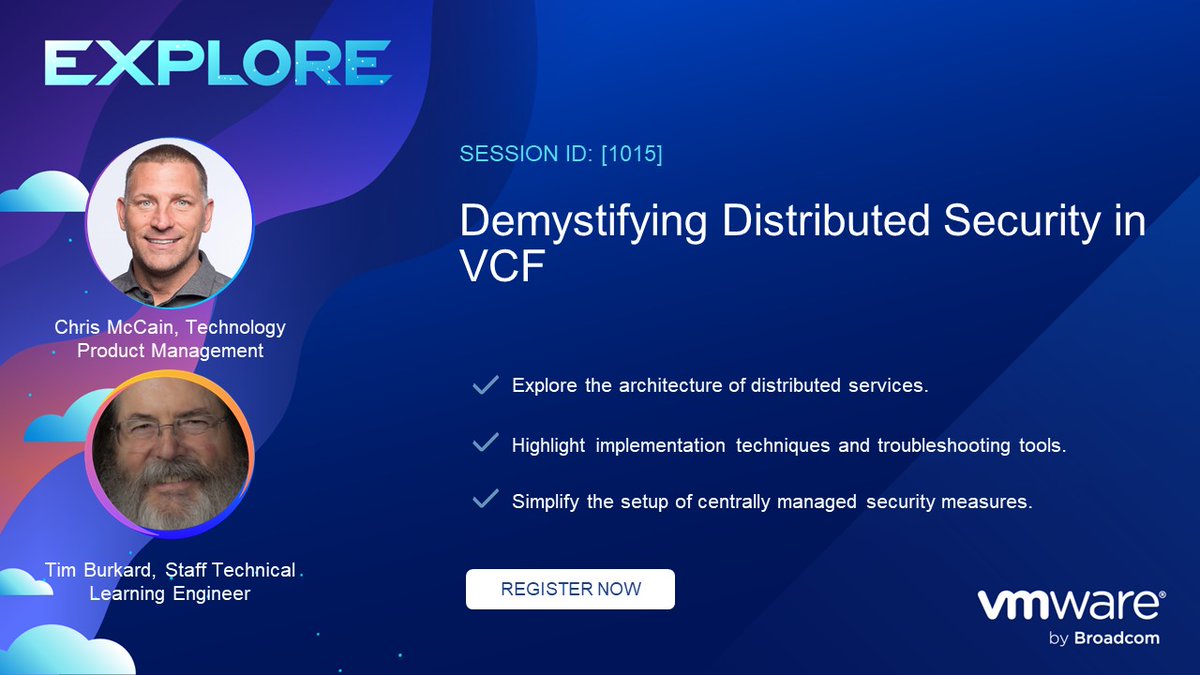Join <a href="/hcmccain/">chris mccain</a> and <a href="/timBurkard1/">Tim Burkard</a> at #VMwareExplore 2024 Barcelona by voting for their People’s Choice Award Session! “Demystifying Distributed Security in VCF" (Session 1015). Vote by 20 September, 3pm PT/6pm ET/ midnight CEST/: forms.gle/STMx7iVyQhjarF…