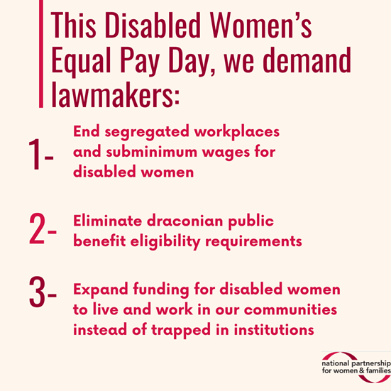 burnsideashley1's tweet image. As a disabled woman with cerebral palsy, I am proud to see this important data being shared. Join @CLASP_DC and other organizations to learn more about #DisabledWomensEqualPayDay and the policy solutions that we can implement to help close the wage gap. (4/4) #DisabledWomensEPD