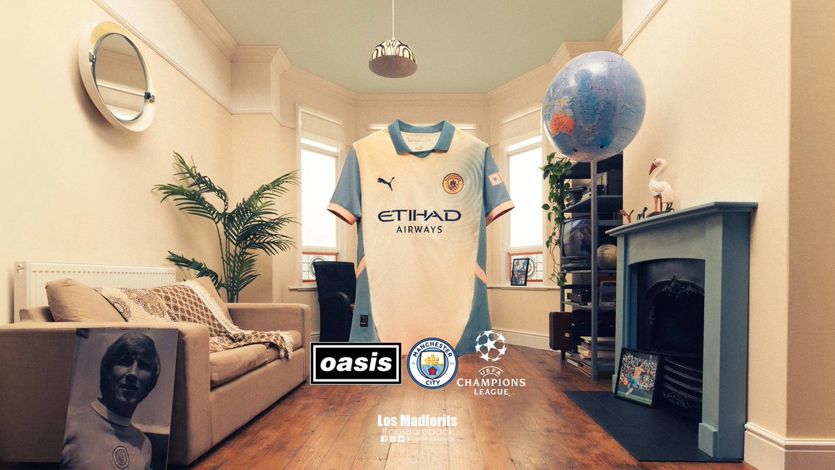 LosMadferits's tweet photo. Esta tarde el @ManCity jugará por primera vez con el uniforme inspirado en el álbum DEFINITELY MAYBE de @oasis diseñado en colaboración con @NoelGallagher en la @ChampionsLeague #DefinitelyCity #DefinitelyMaybe #oasis #ManCity https://t.co/CvbmXUdDAL