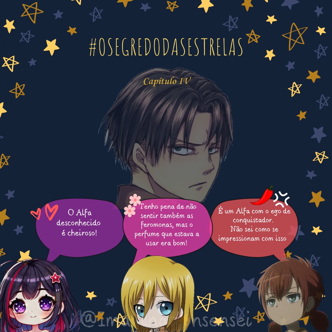 Imagi_sensei's tweet photo. Para além de pimentinha, imaginam quais serão os possíveis apelidos que o Levi possa dar a outros personagens? E será também que não haverá um certo alguém incomodado com isso? 🤭🌟
#Fanfic #OSegredodasEstrelas #Valentina #Christa #Isabel #Levi #CapituloIV #Anime #SNK #AOT https://t.co/5br4aVT63t
