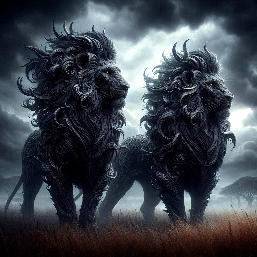 SaltyRdf's tweet photo. #twins #lions #kingofthejungle #savannah #allblack #darkfantasy #gothic #creative #aiart #artist #promptart #promptartist #creativewriting #preciseprompts https://t.co/OPp8A3fsjt