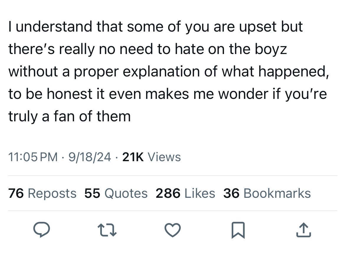cinnamoju's tweet photo. just to be clear bc some of you still dont get it

showing disappointment ≠ anti
some fans leaving/taking a break ≠ boycotting

just bc some fans want out that doesnt represent the whole of us and there are NO calls for a united boycott, dont try to guilt trip us https://t.co/HpjpHE6sCL