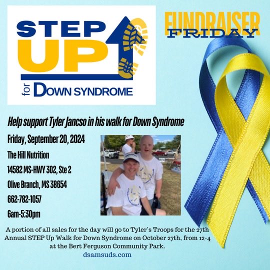 Go to The Hill Nutrition on this Friday as they support Tyler and our STEP Walk for #dsamemphis. Come before or after school to get your tea, shakes or energy drinks. #chhsmightystangs #desotocountyms