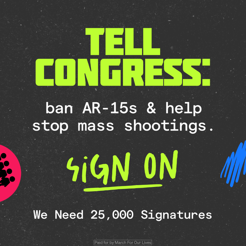 AMarch4OurLives's tweet photo. Too many kids know the fear and terror of a school shooting. Let’s be clear: gun violence is a preventable tragedy – if only Congress had the courage to act.

Will you sign our petition demanding Congress ban AR-15s and stop school shootings once and for all?