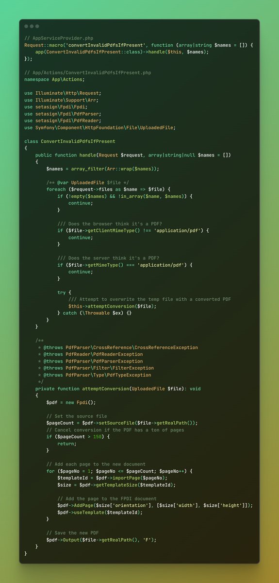 Ever had PDF files uploaded but then #laravel validation rejected them because the mimetype was  `application/octet-stream`. Here is a solution that I came up with. Any security issues with this approach?