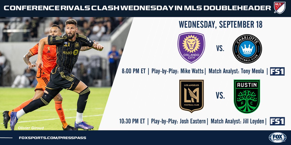 FOX Sports PR (@foxsportspr) on Twitter photo .<a href="/MLS/">Major League Soccer</a> doubleheader tonight on <a href="/FS1/">FS1</a>! Watch <a href="/OrlandoCitySC/">Orlando City SC</a> vs. <a href="/CharlotteFC/">Charlotte FC</a> starting at 8 PM ET, followed by <a href="/LAFC/">LAFC</a> vs. <a href="/AustinFC/">Austin FC</a>. .<a href="/MLS/">Major League Soccer</a> doubleheader tonight on <a href="/FS1/">FS1</a>! Watch <a href="/OrlandoCitySC/">Orlando City SC</a> vs. <a href="/CharlotteFC/">Charlotte FC</a> starting at 8 PM ET, followed by <a href="/LAFC/">LAFC</a> vs. <a href="/AustinFC/">Austin FC</a>.