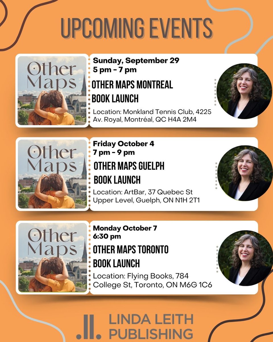 📚✨ Upcoming Launches for Other Maps by Rebecca Morris! Grab your copy and have it signed by the author at launches in Montreal, Guelph, and Toronto. Details below #OtherMaps #BookLaunch #canlit lindaleith.com/en/pages/book-…