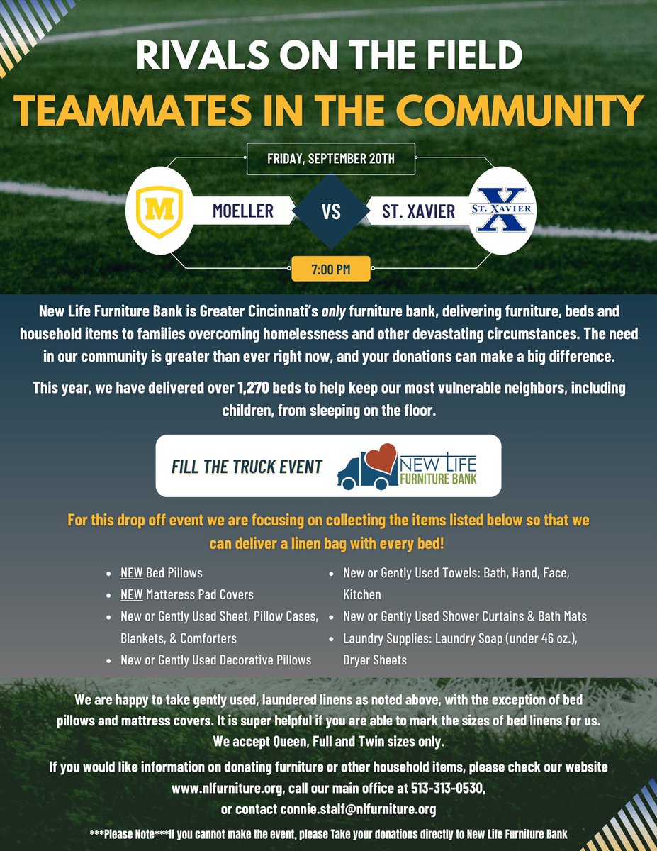 Fill The Truck Event at St. Xavier vs Moeller Game 🏈

<a href="/StXFB/">Bomber Football</a> and <a href="/MoellerFootball/">Archbishop Moeller Football</a> are partnering with <a href="/NLFBank/">Cincyfurniturebank</a> to make a difference this week! Take a look below at the drop-off items needed to help local families! 

#GoBombers | #AMDG | #MenForOthers