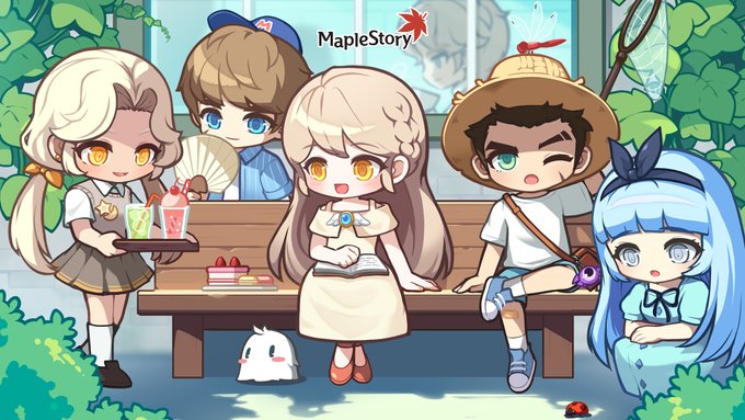 MapleStory characters gathering around a park bench