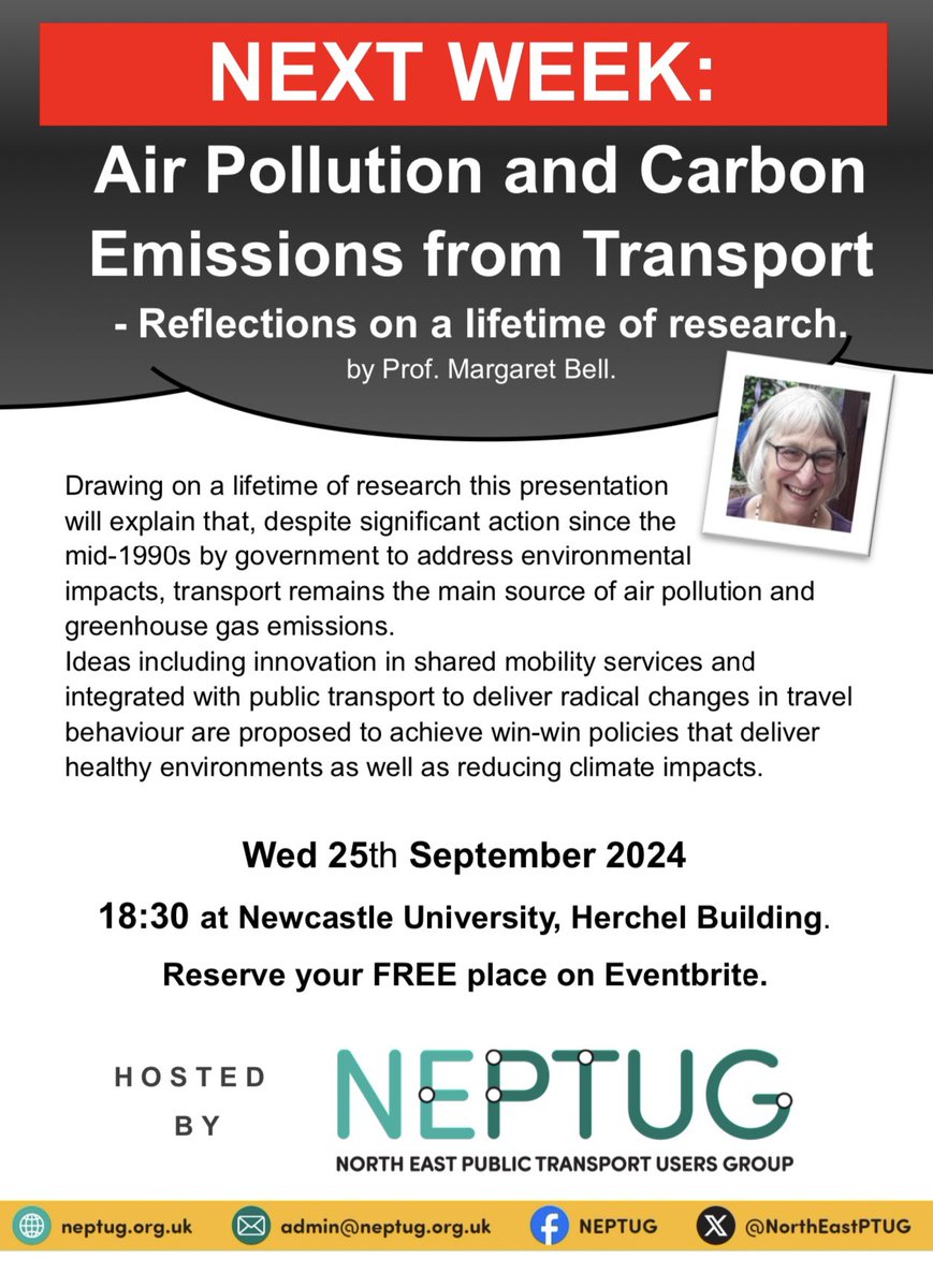 Don't forget to sign up for our free public lecture next week by air pollution world authority Prof Margaret Bell CBE, exploring how we can tackle air pollution from transport. Margaret will share her thoughts on a lifetime of research.

Register here: eventbrite.co.uk/e/prof-margare…