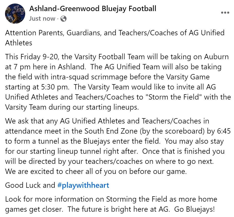AGBluejayFball's tweet photo. Attention Unified Football Kids, Coaches, Parents, and Guardians. This Friday, September 20th, is Unified Football Night as the Bluejays take on Auburn. The info is in the pics. We hope to see all of you there! #playwithHEART
#committoWIN
#burntheboats https://t.co/z3WSMKbBho
