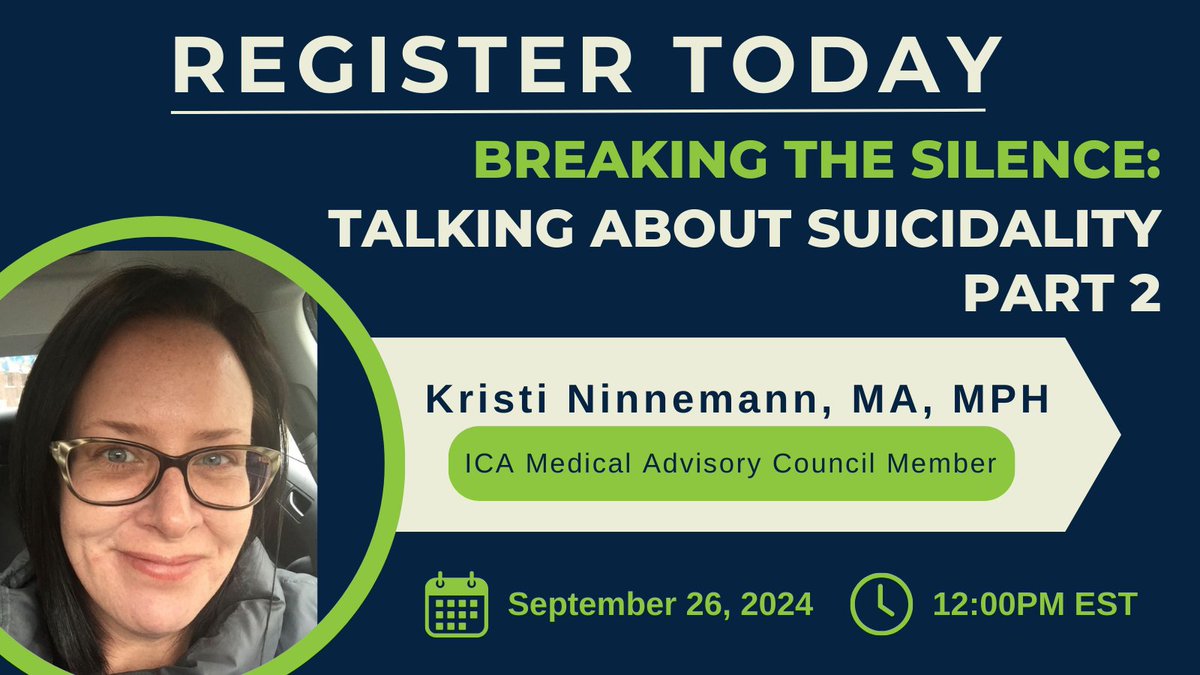 📅 Join us on Thursday, September 26th at 12:00 PM EST for an important webinar featuring Kristi Ninnemann, ICA MAC member.

🔗 To register, visit cutt.ly/together4tomor…

#InterstitialCystitis #BladderPainSyndrome #ICBPS #IC #ICAwarenessMonth #ICAwareness #Webinar
