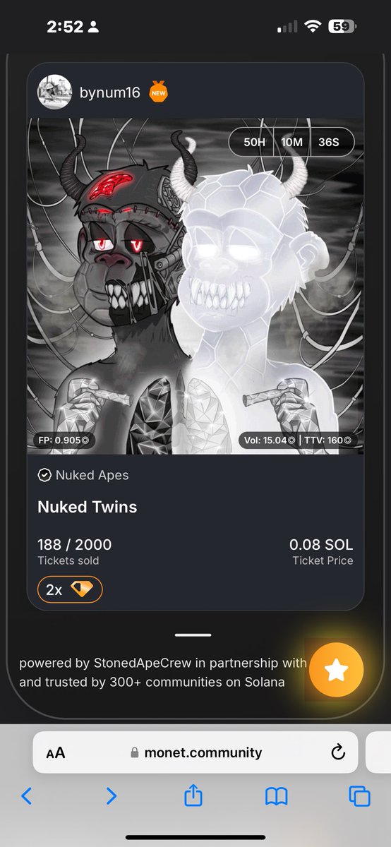 🚨FINAL 48 HOURS🚨

nuked twins- 1/1 Nuked Ape raffle on <a href="/MonetSAC/">Monet | Community, Raffles, and Solana</a>

I will give 1 SOL to TWO TICKET BUYERS! (would be a random selection, the more tickets you buy the higher your chance)

Get your tickets NOW for this insane <a href="/StonedApeCrew/">Stoned Ape Crew</a> NAC!

monet.community/r/cm0li23qw00c…