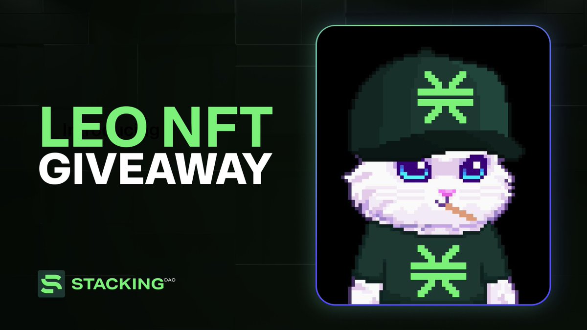 🟢 NFT GIVEAWAY 🟢

We're partnering with <a href="/LeoCoinSTX/">LEO | Stacks Chain</a> to give away 10 NFTs from their upcoming collection for free on September 30!

To enter:
• Follow <a href="/StackingDao/">Stacking DAO</a>
• Follow <a href="/LeoCoinSTX/">LEO | Stacks Chain</a>
• RT &amp; Likethis post

Void where prohibited, ends in 48 hours.