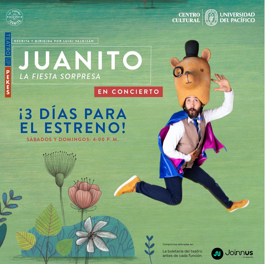 3 días para el estreno de Juanito, la fiesta sorpresa.
¡Ya falta nada para vernos!!! 

⏰ Horarios: Sábados y domingos 4:00 p. m.
🎟️📲 Compra tus entradas en <a href="/joinnus/">Joinnus</a> (enlace en bio) ⬆