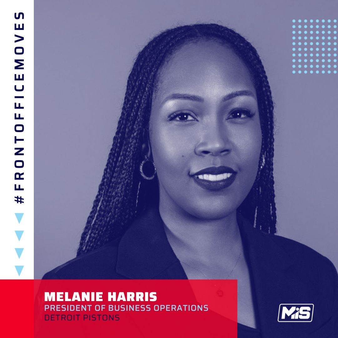 MiSportsBiz's tweet photo. #FrontOfficeMoves: Congrats to Melanie Harris on becoming the new President of Business Operations for the Detroit Pistons. She will be responsible for leading the Pistons' business lines, expanding revenue, and driving engagement with partners, sponsors, ticketholders, and fans. https://t.co/u4m4uosVBz