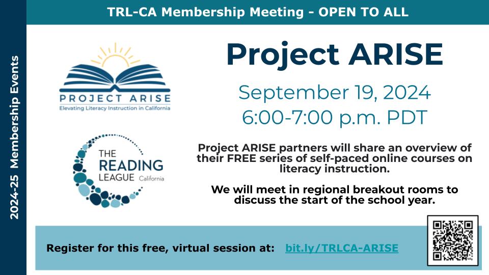 Project_AriseCA's tweet photo. 📢 Attention Literacy Educators! 📚
🙌 Join Project ARISE at The Reading League – CA membership meeting (virtual) Thursday, 9/19 from 6:00 – 7:00 pm to discover more about our resources and connect with fellow educators!
✅ Cost: FREE
📅 Register here: https://t.co/MuHemOzuUf https://t.co/9NIaYqyU71