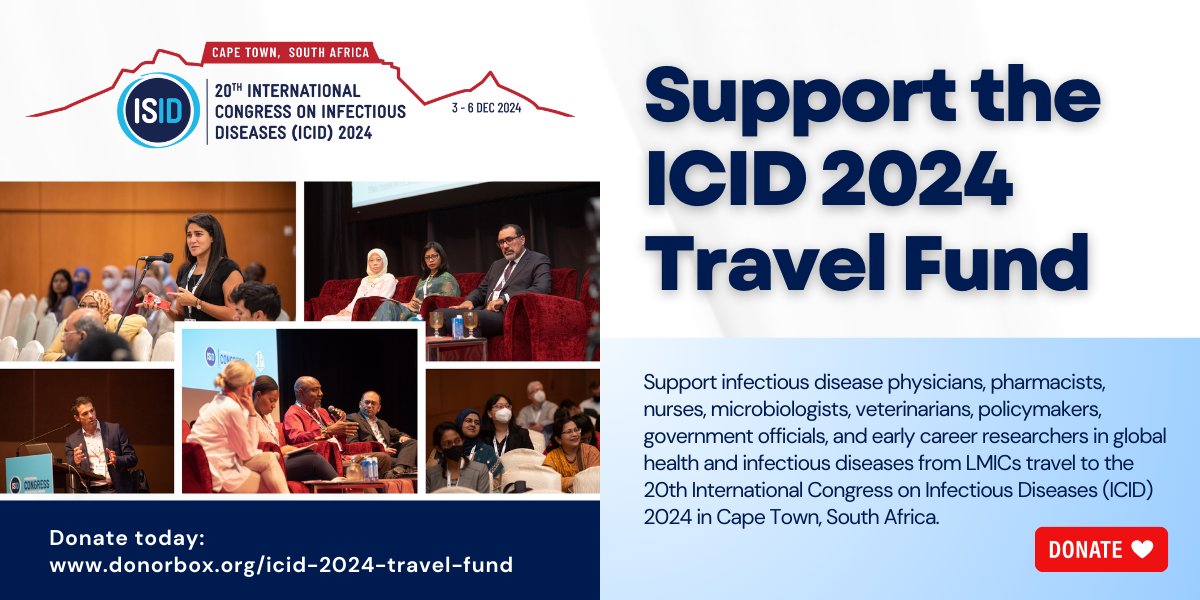 Calling all infectious disease professionals and researchers! We have limited grant-funded opportunities for travel to the 20th International Congress on Infectious Diseases. Help us spread the word and support delegates from LMICs to attend #ICID2024 🇿🇦 donorbox.org/icid-2024-trav…