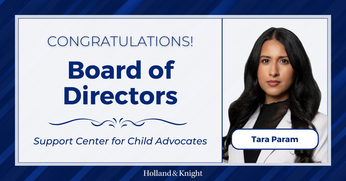 Congratulations to attorney Tara Param for her appointment to the board of directors for the <a href="/PhillyAdvoKid/">Child Advocates</a>! This organization coordinates hundreds of dedicated lawyer volunteers to champion the rights of children affected by abuse, abandonment or neglect. We are incredibly proud