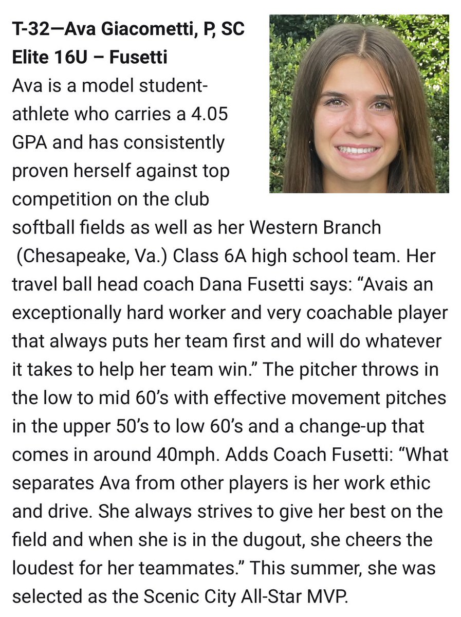 So humbled and blessed to be ranked among some of the top talent in the 2026 class. Thank you to my <a href="/EliteFusetti/">Carolina Elite SC Nat’l - Fusetti</a> coaches and teammates for always pushing me to be my best! <a href="/LineDsoftball/">Line Drive Media</a> <a href="/los_stuff/">Carlos Arias</a> <a href="/ritalynngilman/">Rita Lynn Gilman</a>