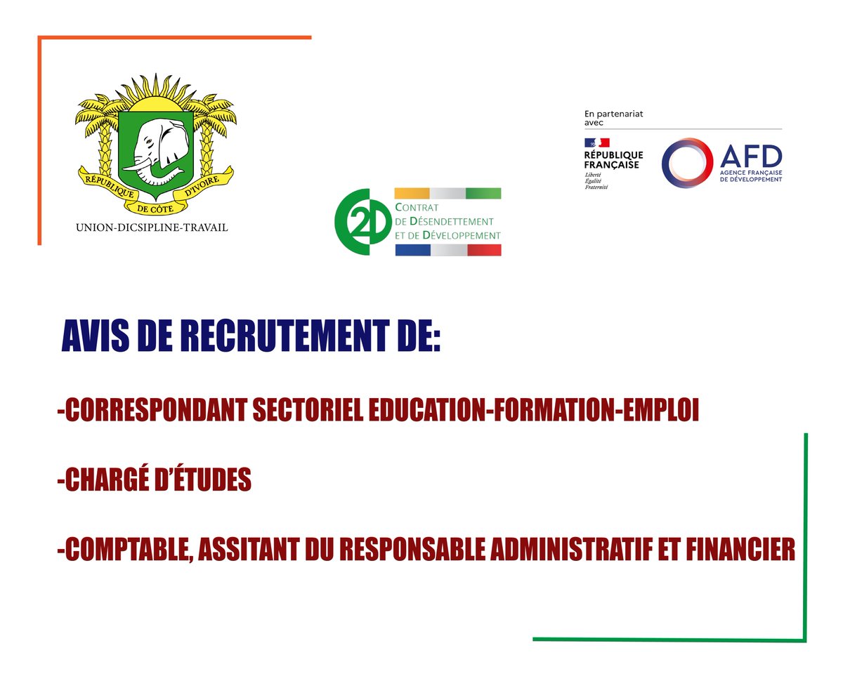 Le C2D en Côte d'Ivoire (@c2d_d) on Twitter photo Appel à candidature pour le Recrutement de:
-un Comptable, Assistant du Responsable Administratif et Financier
-un chargé d’études
-un correspondant sectoriel Éducation-Formation-Emploi
Consultez le site du C2D plus d'informations
c2d.gouv.ci/index3.php?pag…
<a href="/AFD_France/">Agence Française de #Développement (AFD) 🇫🇷 🇪🇺</a>
<a href="/C2dEmploi/">C2D-EMPLOI des Jeunes</a> Appel à candidature pour le Recrutement de:
-un Comptable, Assistant du Responsable Administratif et Financier
-un chargé d’études
-un correspondant sectoriel Éducation-Formation-Emploi
Consultez le site du C2D plus d'informations
c2d.gouv.ci/index3.php?pag…
<a href="/AFD_France/">Agence Française de #Développement (AFD) 🇫🇷 🇪🇺</a>
<a href="/C2dEmploi/">C2D-EMPLOI des Jeunes</a>