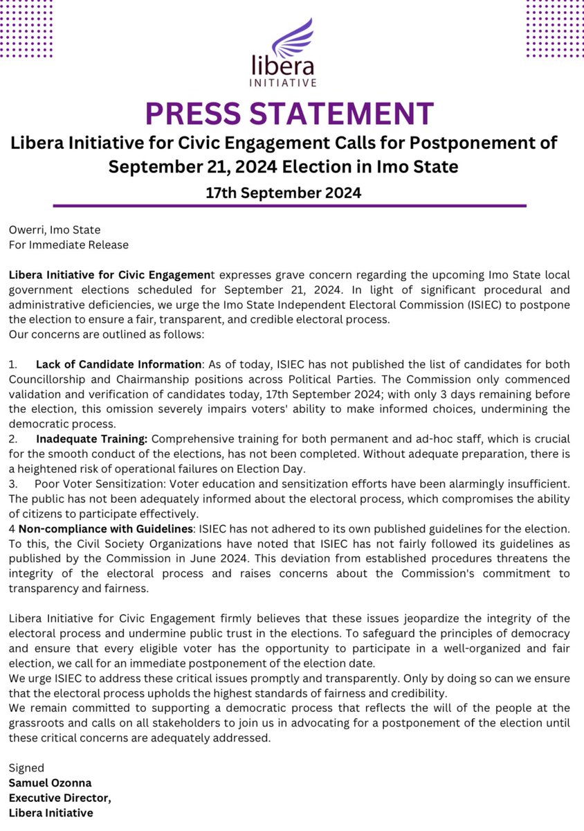 Libera_nig's tweet photo. For Immediate Release!

Libera Initiative for Civic Engagement expresses grave concern regarding the upcoming Imo State local government elections scheduled for Saturday, September 21, 2024.

https://t.co/KMolmZPdOI https://t.co/aqBSweq2rl