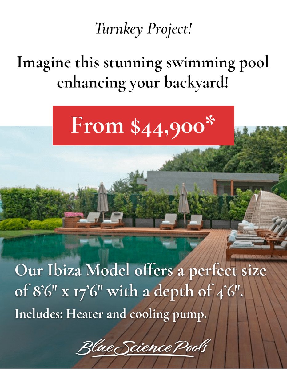 bluescience's tweet image. Designed to fit any patio at 8'6" x 17'6" with a 4'6" depth, the Ibiza features an integrated square hot tub, transforming your backyard into a vibrant retreat!

$44,900* Austin and San Antonio areas.

Visit bluesciencefiberglass.com quote today! 

#FiberglassPools #LuxuryBackyard