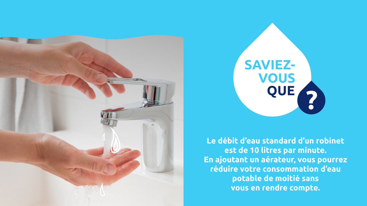 Saviez-vous que le débit d’eau standard d’un robinet est de 10 litres par minute? 🚰💧 #PensezBleu #GouvernementduQuébec #StratQcEau #QcFierPartenaire #MaVieEnBleu