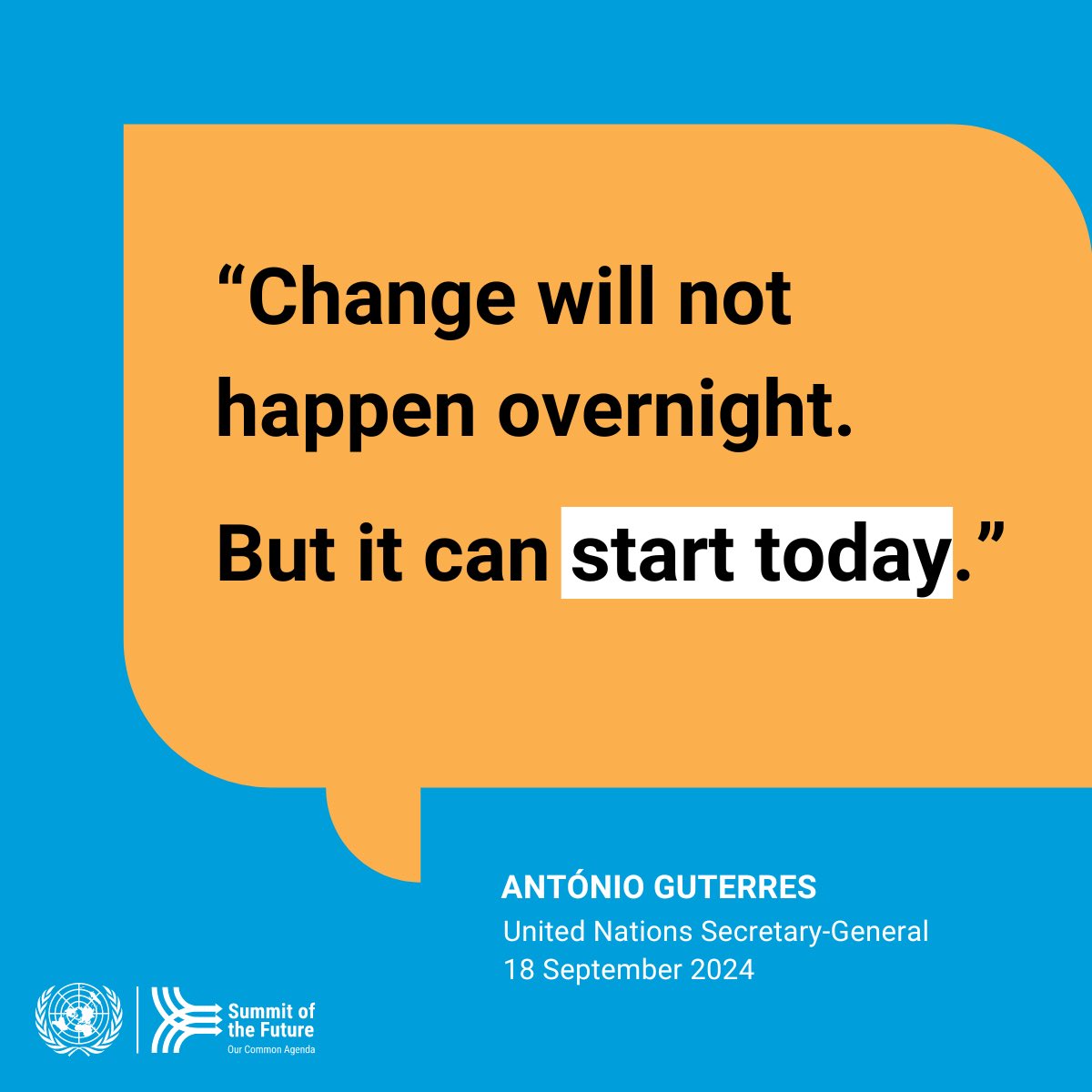 "The Summit of the Future is an essential first step towards making global institutions more legitimate, effective &amp; fit for the world of today &amp; tomorrow.

It cannot fail."

<a href="/antonioguterres/">António Guterres</a> urges countries to seize the opportunity for #OurCommonFuture. un.org/sg/en/content/…