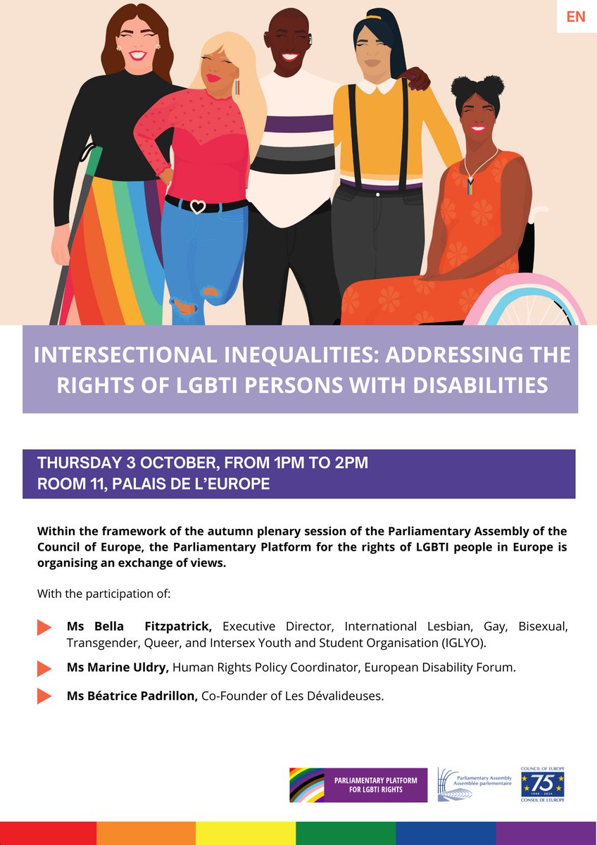 📣Mark your calendars for the #Platform4LGBTIrights 🌈meeting during #PACEAutumn2024 focusing on the rights of #LGBTI persons with #disabilities, w/<a href="/IGLYO/">IGLYO</a>, <a href="/MyEDF/">European Disability Forum</a> &amp; @LesDevalideuses.

🗓️Thursday 3 October, from 1pm to 2pm.