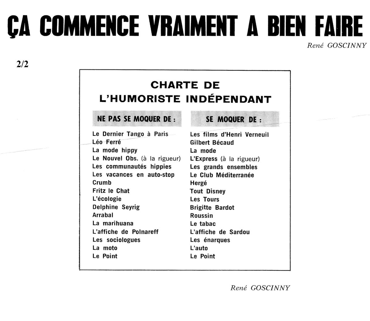 SchnockRevue's tweet photo. La "charte de l'humoriste indépendant" par René Goscinny dans "Pilote" en 1973.
#schnockarchives https://t.co/VnsF7gcTNT