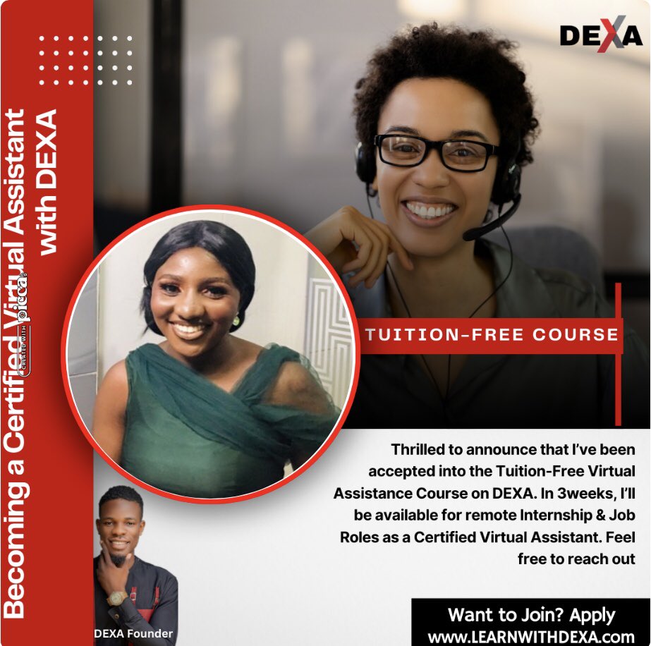 DaizeeJay's tweet photo. Thrilled to announce that I’ve been accepted into the Tuition-Free Virtual Assistance Course on DEXA. 

If you’re interested in joining the next cohort, go to: https://t.co/37INU4Rc9Y

@Digital Exchange Academy - DEXA
@ErinBoothVA @leanlailacaba 
@LearnwithDEXA #LearnwithDEXA https://t.co/FNUPL4z02C