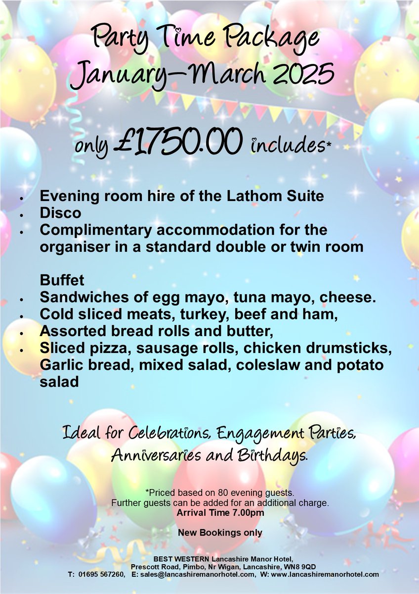 Lancashire Manor (@lancashiremanor) on Twitter photo Book the Lathom suite in January - March 2025 from only £1750.00.
Ideal for engagement parties, anniversaries and birthdays. Call for further information on 01695 567260 or email events@lancashiremanorhotel.com #offer #lancashirehotel #lancashireeventvenue Book the Lathom suite in January - March 2025 from only £1750.00.
Ideal for engagement parties, anniversaries and birthdays. Call for further information on 01695 567260 or email events@lancashiremanorhotel.com #offer #lancashirehotel #lancashireeventvenue