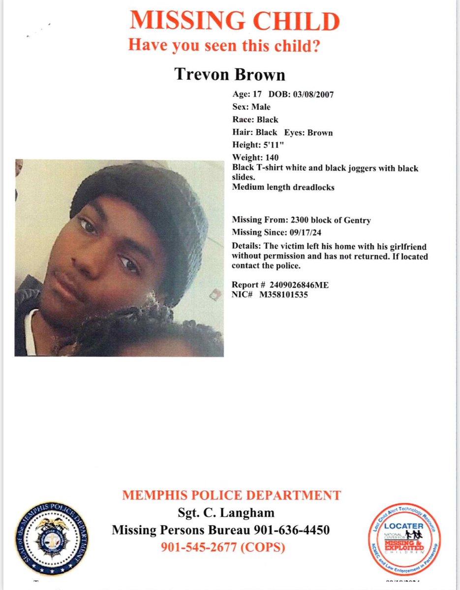 MEM_PoliceDept's tweet photo. Have you seen Trevon Brown?
Report #2409026846ME https://t.co/t25UTNZ5fc