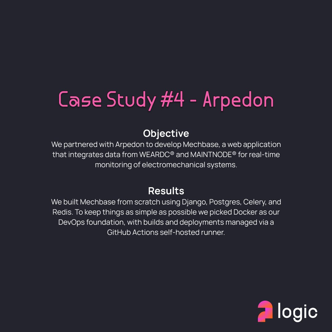 withlogicco's tweet photo. 🚀We're proud to have built Mechbase, a web app using #Django, Celery, #Postgres, and Redis for @arpedon. Running in production for years, it integrates data from WEARDC® and MAINTNODE® to monitor electromechanical systems in real-time.

📍Case study here: https://t.co/cHUzOfdFOU https://t.co/RgRsK1aK22