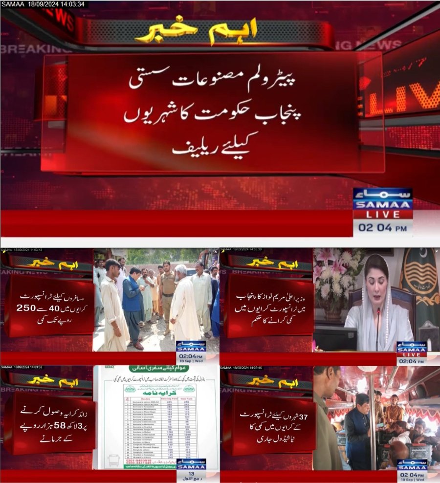 پیٹرولیم مصنوعات کی قیمتوں میں کمی کے بعد وزیراعلیٰ مریم نواز عوام کو ریلیف کی فراہمی کیلیے کوشاں۔ پنجاب بھر کی ضلعی انتظامیہ کو ٹرانسپورٹ کرایوں میں فوری کمی کے احکامات