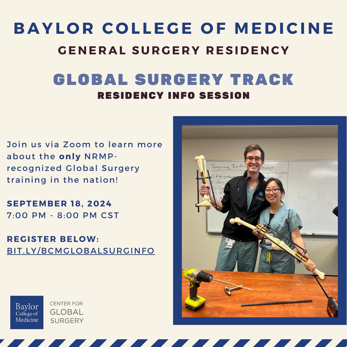 Baylor Global Surgery (@bcmglobalsurg) on Twitter photo ‼️Don’t forget to register to our Global Surgery Residency Track info session tonight!
Learn more about the unique training program from our amazing trainees.
💻Register here: bit.ly/bcmglobalsurgi…
🗓️Sept 18, 7-8PM CST
#Match2025 #gensurgmatch2025 <a href="/BCMGSRes/">BCM General Surgery Residency</a> <a href="/BCM_Surgery/">BCM_Surgery</a> ‼️Don’t forget to register to our Global Surgery Residency Track info session tonight!
Learn more about the unique training program from our amazing trainees.
💻Register here: bit.ly/bcmglobalsurgi…
🗓️Sept 18, 7-8PM CST
#Match2025 #gensurgmatch2025 <a href="/BCMGSRes/">BCM General Surgery Residency</a> <a href="/BCM_Surgery/">BCM_Surgery</a>