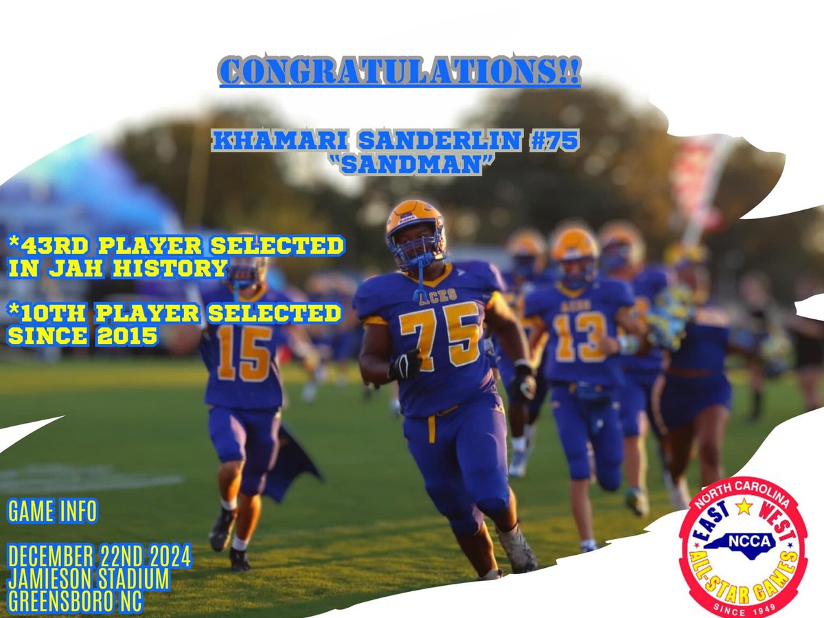 Congrats to the “Sandman” on being the latest Ace to play in the East-West All-Star game. See yall in December. #sandy  #oha

<a href="/ACES_FB/">Edenton Aces Football</a> <a href="/TDAsportsNENC/">Daily Advance Sports</a>  <a href="/NCCoachesAssn/">N.C. Coaches Assn.</a>  <a href="/NCHSAA/">NCHSAA</a> 
<a href="/sonyabrinehart/">Sonya Rinehart</a>  <a href="/JohnAHolmesHS/">John A. Holmes High</a>  <a href="/acesbooster/">acesbooster</a>
