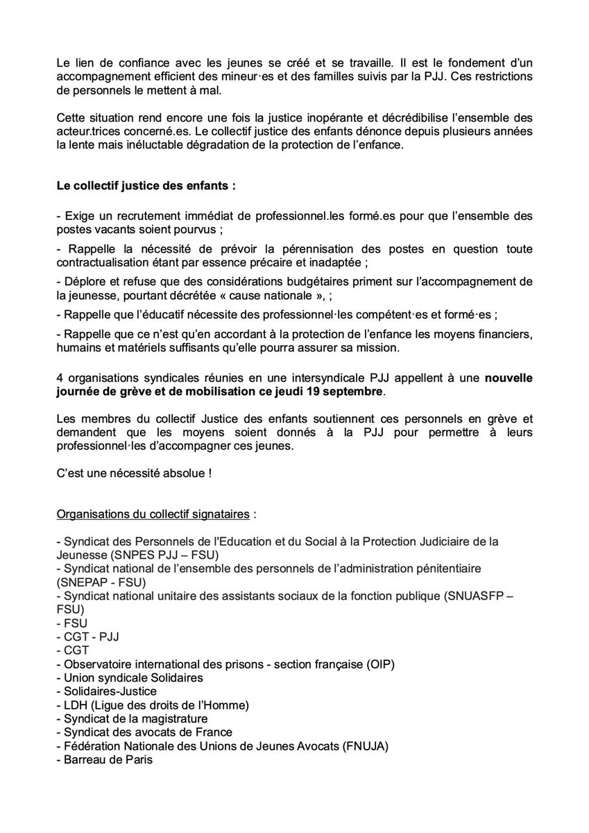 SMagistrature's tweet photo. 📢 Appel à la grève de l'intersyndicale de la protection judiciaire de la jeunesse ce jeudi 19 septembre !

Le Syndicat de la magistrature se mobilise au sein du collectif Justice des enfants pour la défense des missions éducatives de la PJJ ⤵️⤵️ https://t.co/zzWstmlQxN