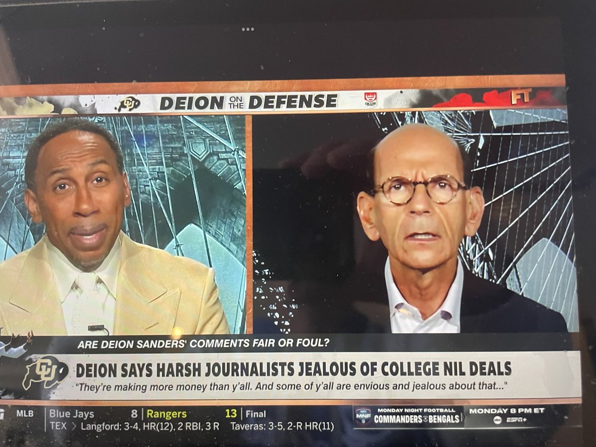 zumapoint's tweet photo. @FirstTake ✊ Hell Yes @paulfinebaum !! Putting @stephenasmith in his place!! Prime time IS Gaslighting the media… SAS couldn’t wait to get on his KNEES &amp; suck up Deion’s BS!! https://t.co/dBhuaoIEWi